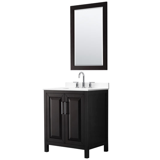Wyndham Collection Daria 30" Single Bathroom Vanity in Dark Espresso, White Cultured Marble Countertop, Undermount Square Sink (3-Hole), Polished Chrome Trim, 24" Mirror