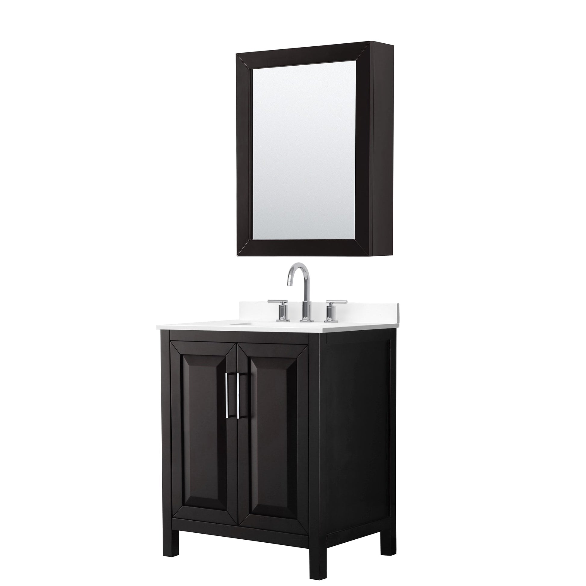 Wyndham Collection Daria 30" Single Bathroom Vanity in Dark Espresso, White Cultured Marble Countertop, Undermount Square Sink (3-Hole), Polished Chrome Trim, Medicine Cabinet