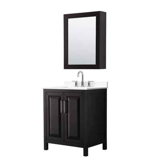 Wyndham Collection Daria 30" Single Bathroom Vanity in Dark Espresso, White Cultured Marble Countertop, Undermount Square Sink (3-Hole), Polished Chrome Trim, Medicine Cabinet