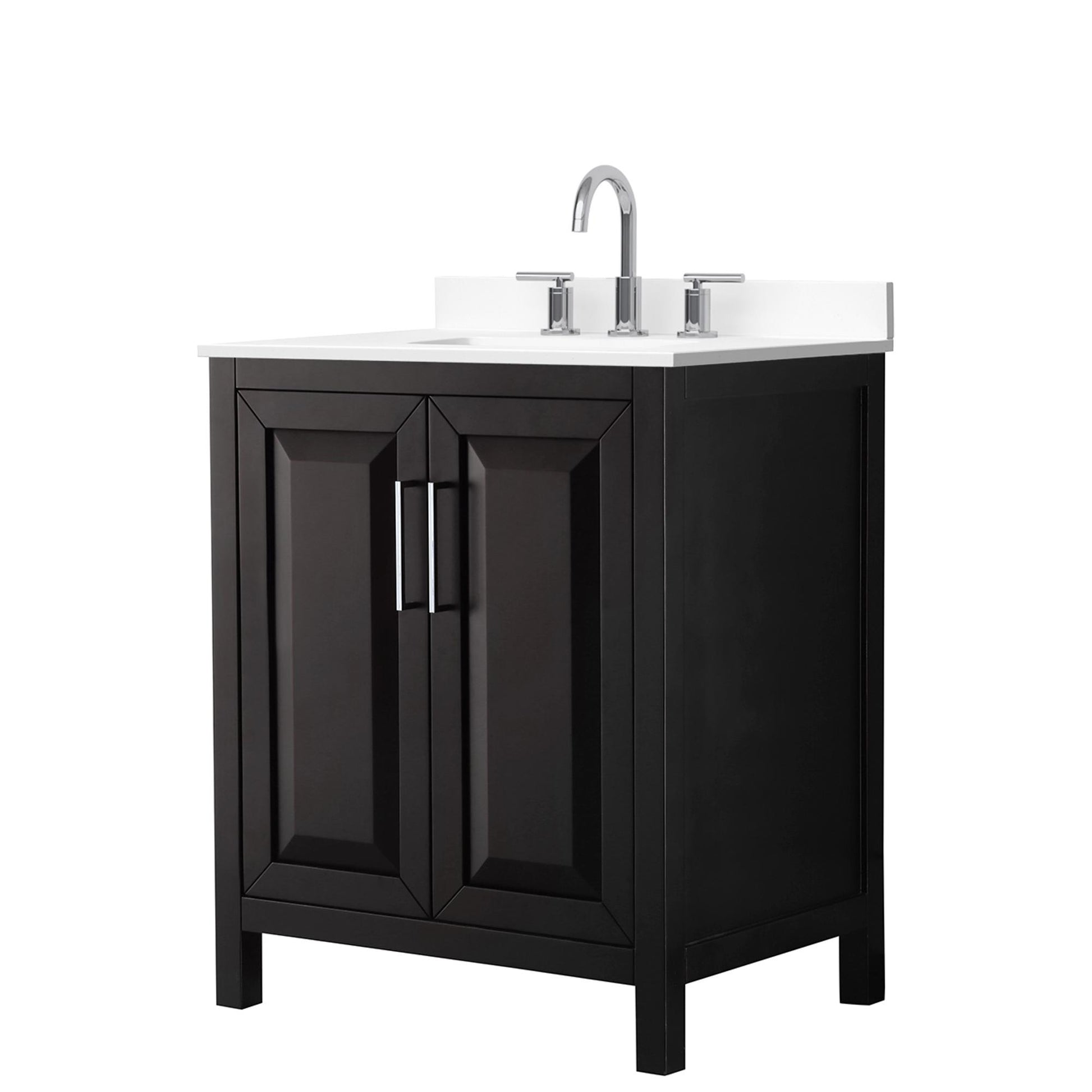 Wyndham Collection Daria 30" Single Bathroom Vanity in Dark Espresso, White Cultured Marble Countertop, Undermount Square Sink (3-Hole), Polished Chrome Trim