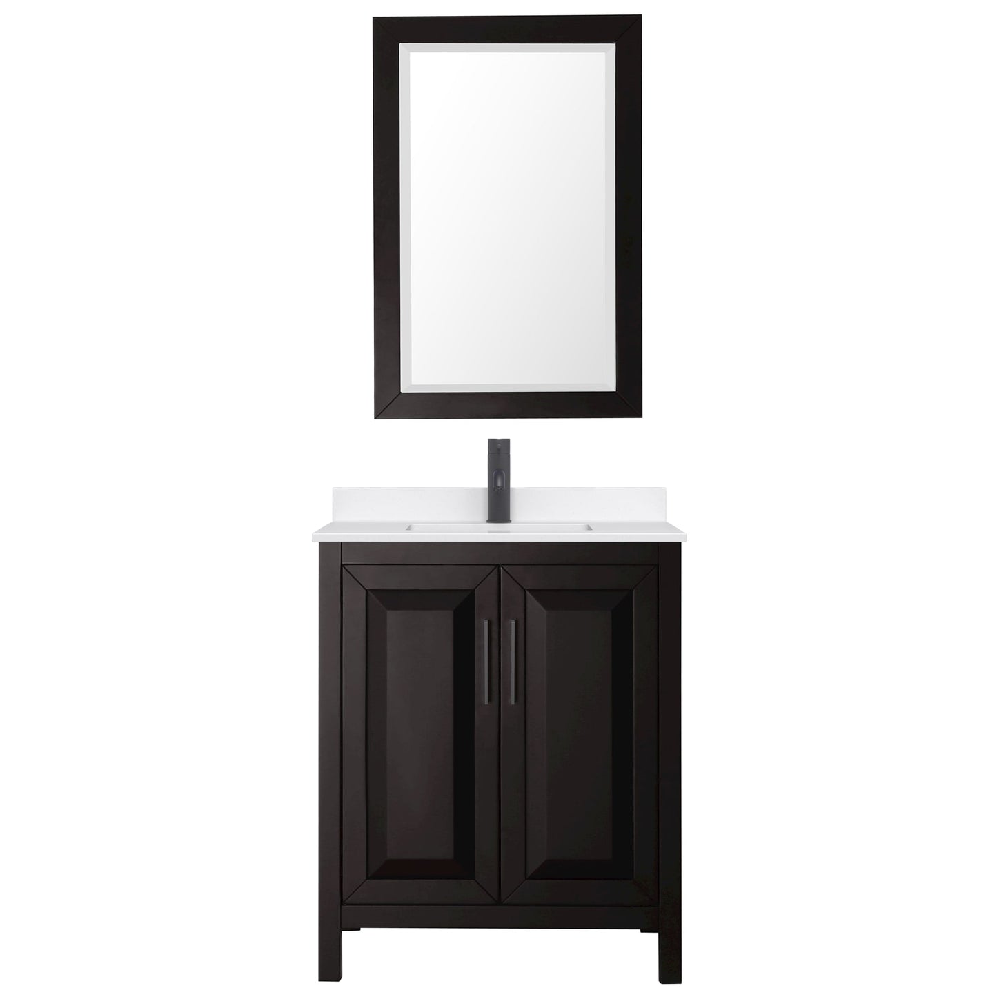 Wyndham Collection Daria 30" Single Bathroom Vanity in Dark Espresso, White Quartz Countertop, Undermount Square Sink (1-Hole), Matte Black Trim, 24" Mirror