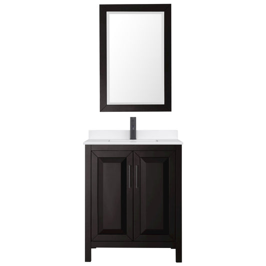 Wyndham Collection Daria 30" Single Bathroom Vanity in Dark Espresso, White Quartz Countertop, Undermount Square Sink (1-Hole), Matte Black Trim, 24" Mirror
