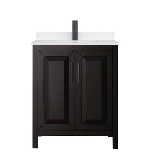 Wyndham Collection Daria 30" Single Bathroom Vanity in Dark Espresso, White Quartz Countertop, Undermount Square Sink (1-Hole), Matte Black Trim