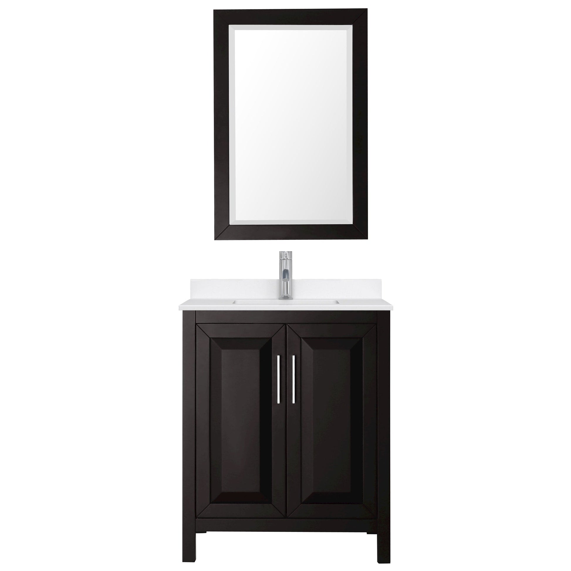 Wyndham Collection Daria 30" Single Bathroom Vanity in Dark Espresso, White Quartz Countertop, Undermount Square Sink (1-Hole), Polished Chrome Trim, 24" Mirror
