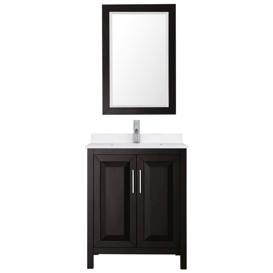 Wyndham Collection Daria 30" Single Bathroom Vanity in Dark Espresso, White Quartz Countertop, Undermount Square Sink (1-Hole), Polished Chrome Trim, 24" Mirror