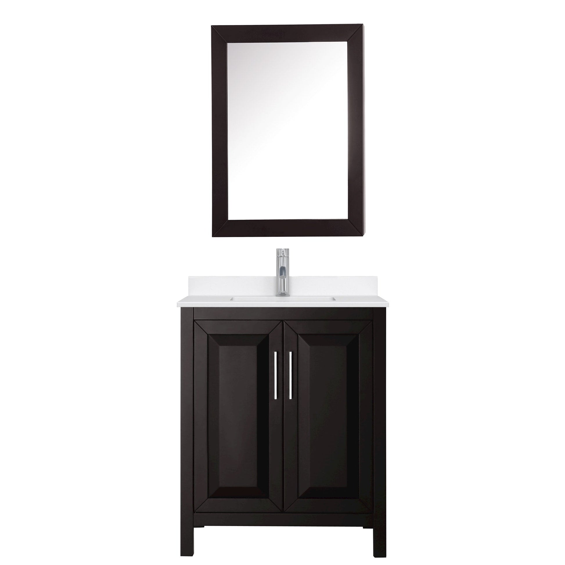 Wyndham Collection Daria 30" Single Bathroom Vanity in Dark Espresso, White Quartz Countertop, Undermount Square Sink (1-Hole), Polished Chrome Trim, Medicine Cabinet