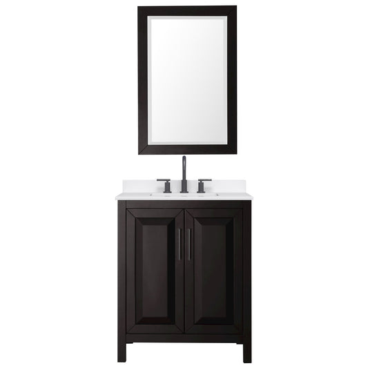 Wyndham Collection Daria 30" Single Bathroom Vanity in Dark Espresso, White Quartz Countertop, Undermount Square Sink (3-Hole), Matte Black Trim, 24" Mirror