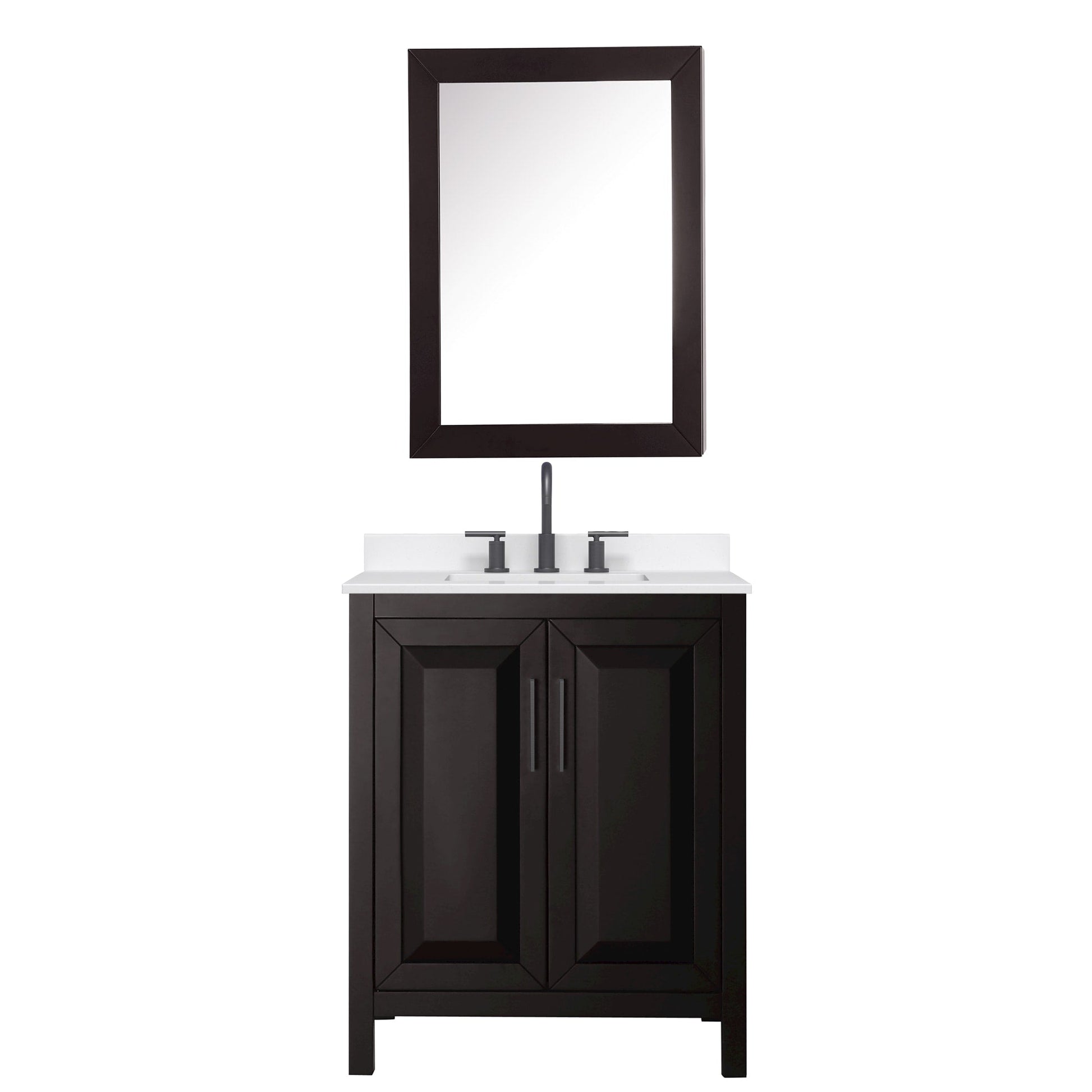 Wyndham Collection Daria 30" Single Bathroom Vanity in Dark Espresso, White Quartz Countertop, Undermount Square Sink (3-Hole), Matte Black Trim, Medicine Cabinet