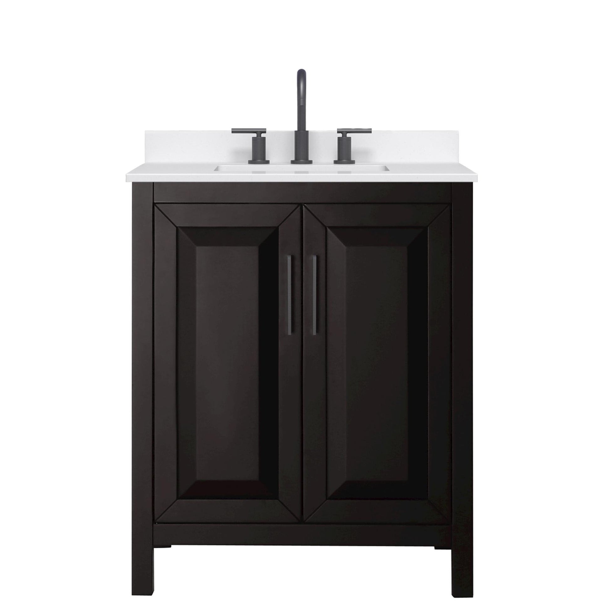 Wyndham Collection Daria 30" Single Bathroom Vanity in Dark Espresso, White Quartz Countertop, Undermount Square Sink (3-Hole), Matte Black Trim