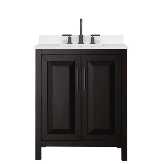 Wyndham Collection Daria 30" Single Bathroom Vanity in Dark Espresso, White Quartz Countertop, Undermount Square Sink (3-Hole), Matte Black Trim