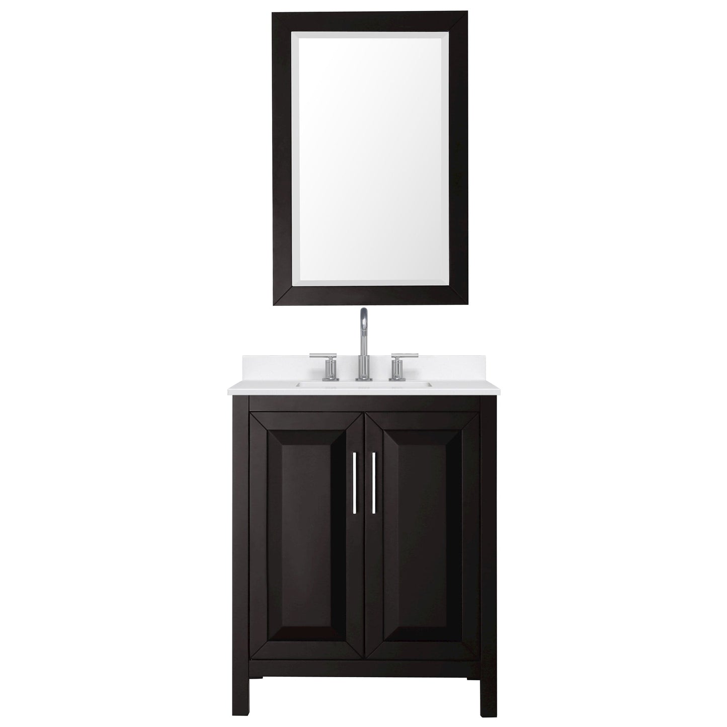Wyndham Collection Daria 30" Single Bathroom Vanity in Dark Espresso, White Quartz Countertop, Undermount Square Sink (3-Hole), Polished Chrome Trim, 24" Mirror