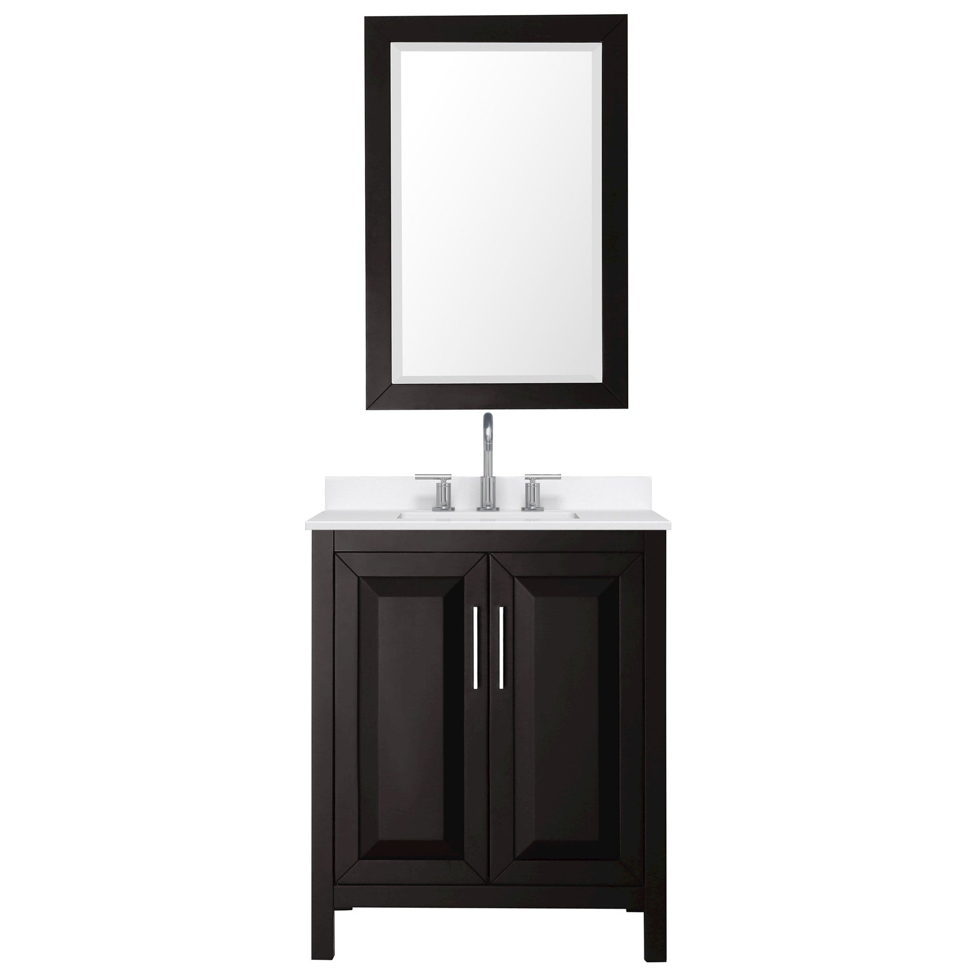 Wyndham Collection Daria 30" Single Bathroom Vanity in Dark Espresso, White Quartz Countertop, Undermount Square Sink (3-Hole), Polished Chrome Trim, 24" Mirror