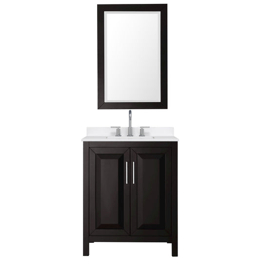 Wyndham Collection Daria 30" Single Bathroom Vanity in Dark Espresso, White Quartz Countertop, Undermount Square Sink (3-Hole), Polished Chrome Trim, 24" Mirror