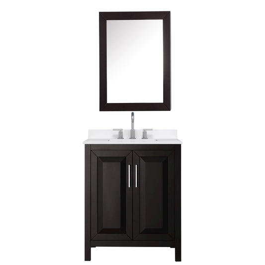 Wyndham Collection Daria 30" Single Bathroom Vanity in Dark Espresso, White Quartz Countertop, Undermount Square Sink (3-Hole), Polished Chrome Trim, Medicine Cabinet