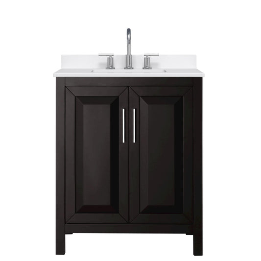 Wyndham Collection Daria 30" Single Bathroom Vanity in Dark Espresso, White Quartz Countertop, Undermount Square Sink (3-Hole), Polished Chrome Trim