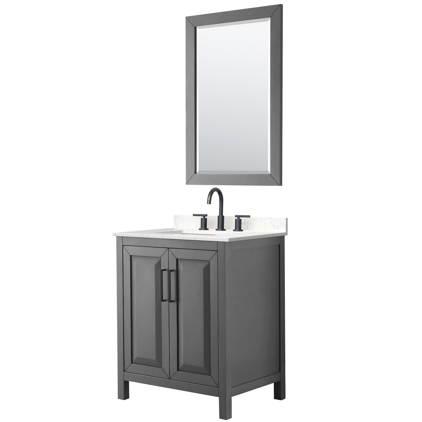 Wyndham Collection Daria 30" Single Bathroom Vanity in Dark Gray, Carrara Cultured Marble Countertop, Undermount Square Sink (3-Hole), Matte Black Trim, 24" Mirror