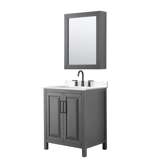 Wyndham Collection Daria 30" Single Bathroom Vanity in Dark Gray, Carrara Cultured Marble Countertop, Undermount Square Sink (3-Hole), Matte Black Trim, Medicine Cabinet