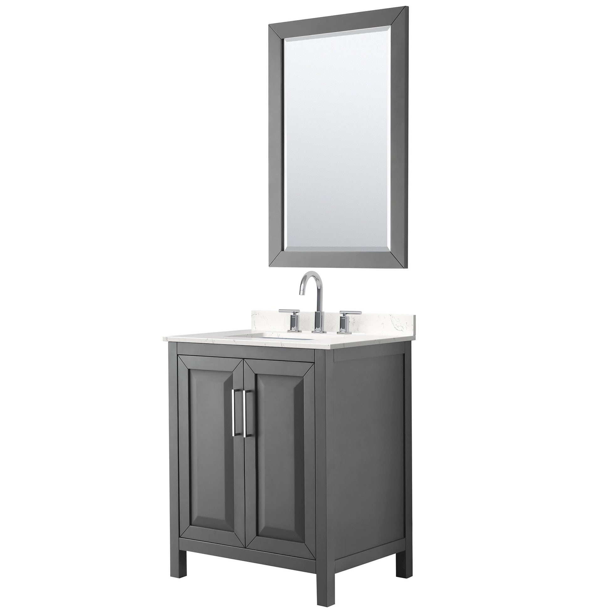 Wyndham Collection Daria 30" Single Bathroom Vanity in Dark Gray, Carrara Cultured Marble Countertop, Undermount Square Sink (3-Hole), Polished Chrome Trim, 24" Mirror
