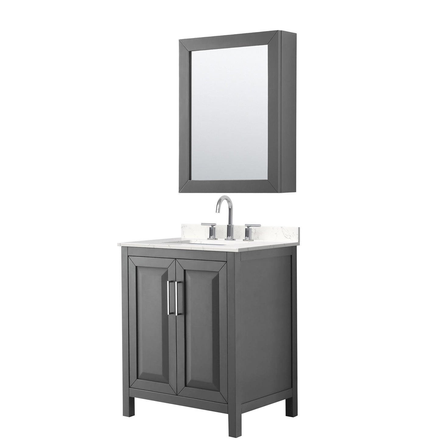 Wyndham Collection Daria 30" Single Bathroom Vanity in Dark Gray, Carrara Cultured Marble Countertop, Undermount Square Sink (3-Hole), Polished Chrome Trim, Medicine Cabinet