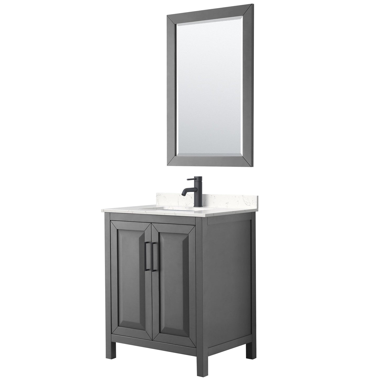Wyndham Collection Daria 30" Single Bathroom Vanity in Dark Gray, Carrara Cultured Marble Countertop, Undermount Square Sink, Matte Black Trim, 24" Mirror