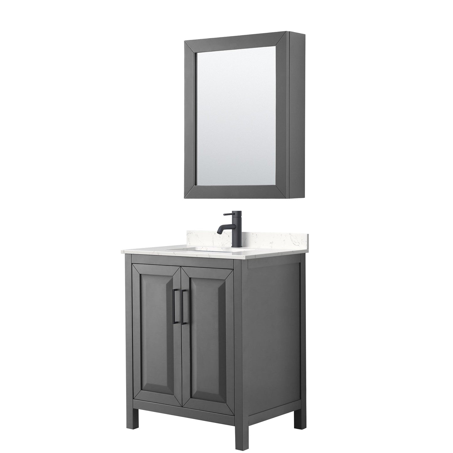 Wyndham Collection Daria 30" Single Bathroom Vanity in Dark Gray, Carrara Cultured Marble Countertop, Undermount Square Sink, Matte Black Trim, Medicine Cabinet