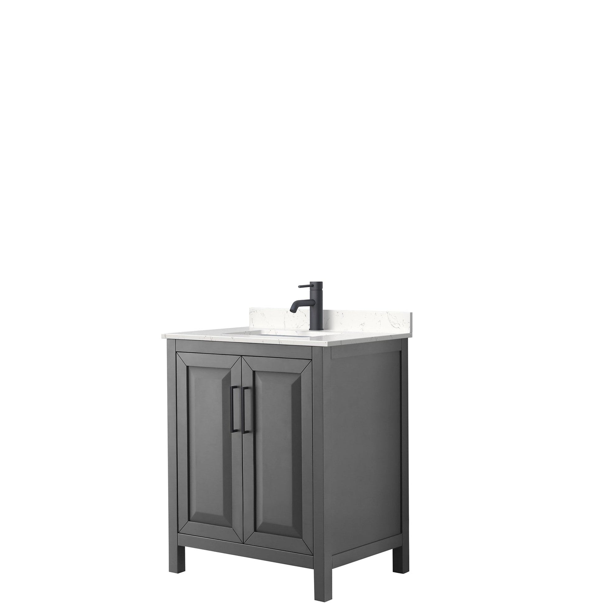 Wyndham Collection Daria 30" Single Bathroom Vanity in Dark Gray, Carrara Cultured Marble Countertop, Undermount Square Sink, Matte Black Trim