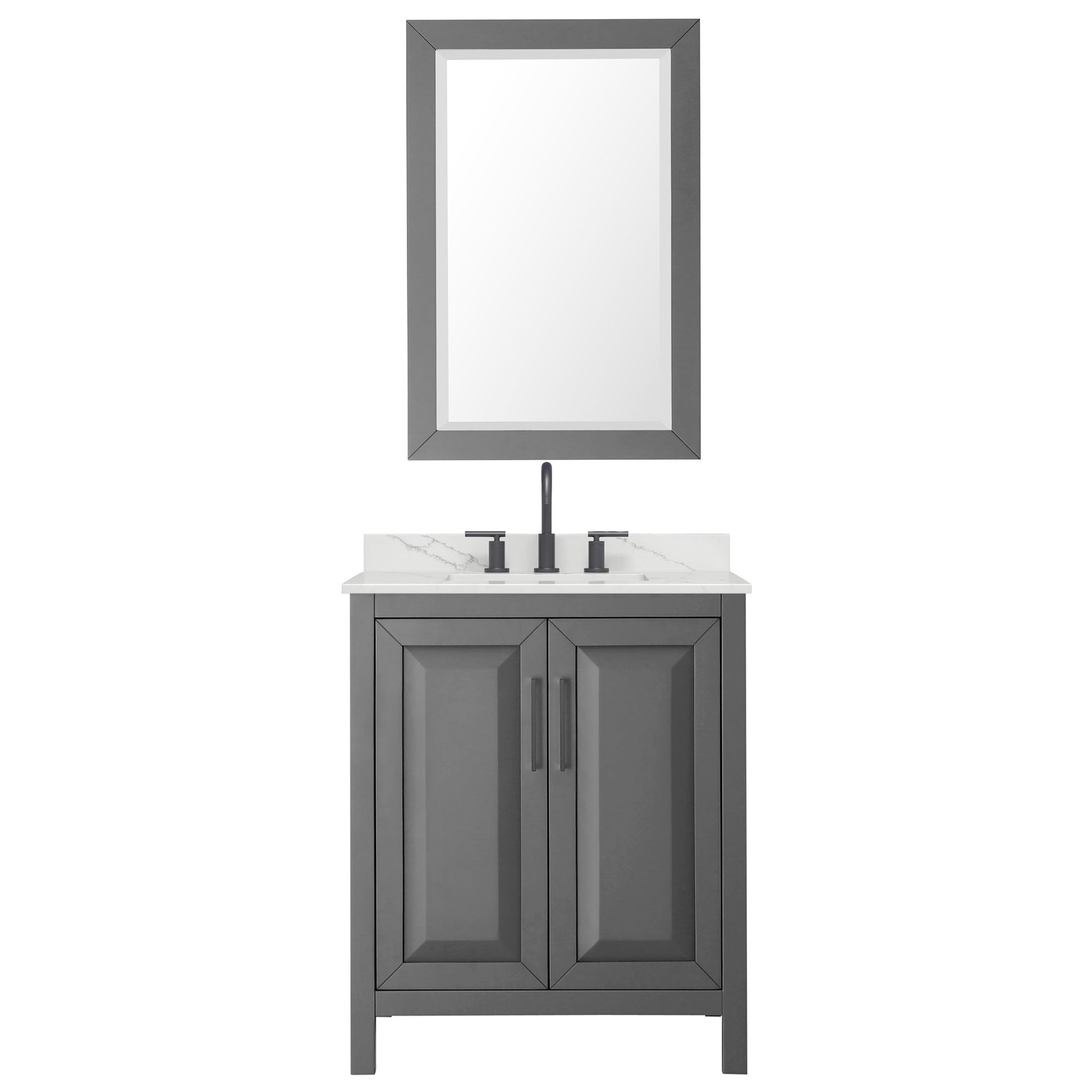 Wyndham Collection Daria 30" Single Bathroom Vanity in Dark Gray, Giotto Quartz Countertop, Undermount Square Sink (3-Hole), Matte Black Trim, 24" Mirror