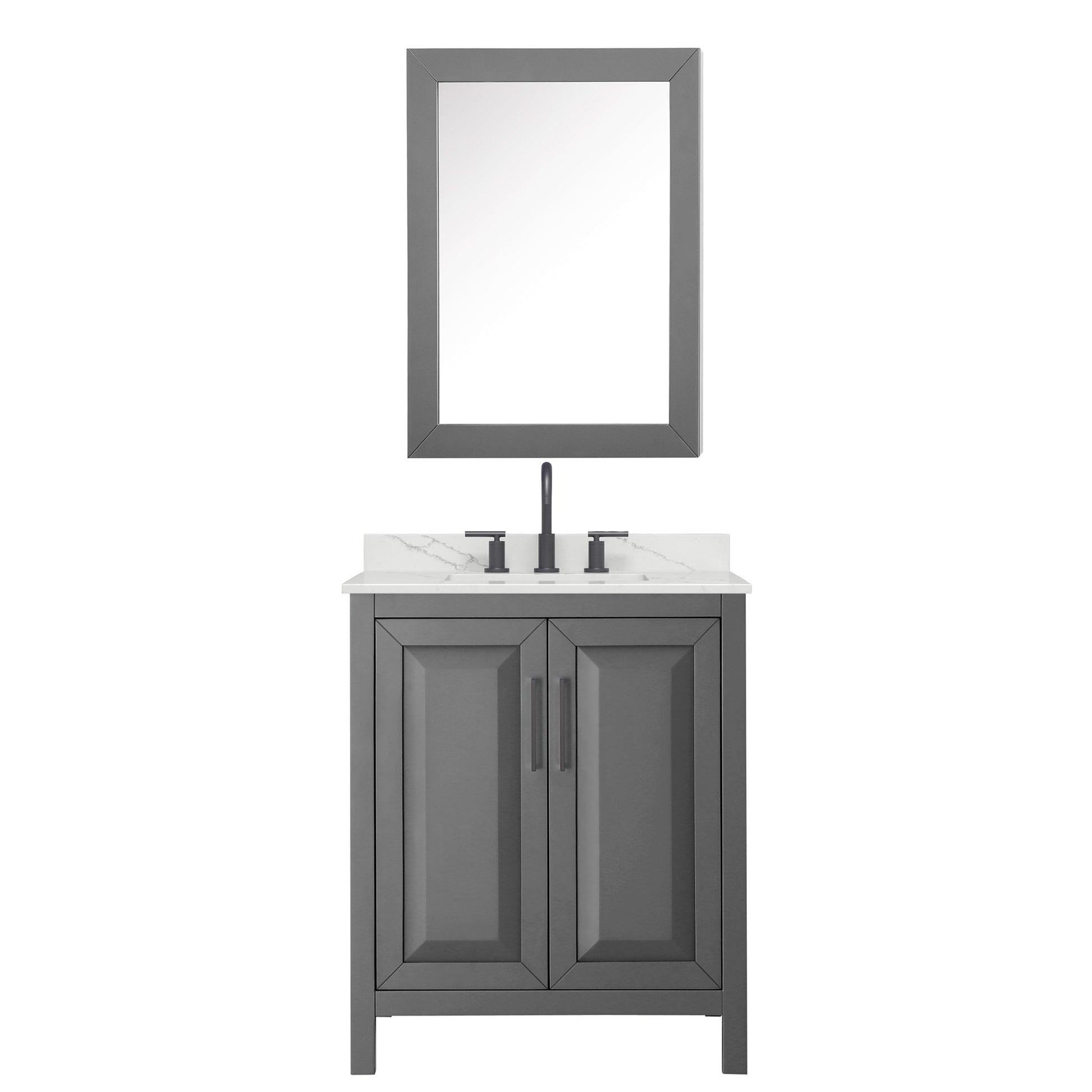 Wyndham Collection Daria 30" Single Bathroom Vanity in Dark Gray, Giotto Quartz Countertop, Undermount Square Sink (3-Hole), Matte Black Trim, Medicine Cabinet