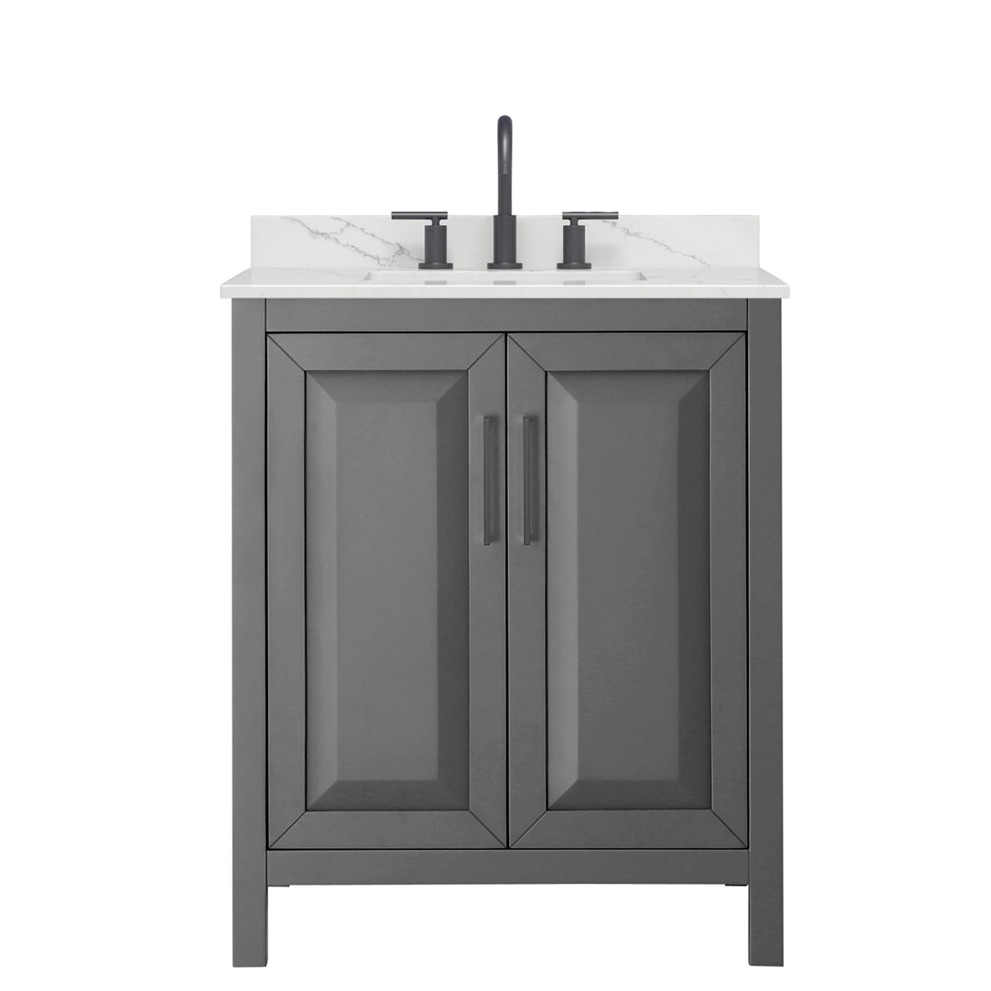 Wyndham Collection Daria 30" Single Bathroom Vanity in Dark Gray, Giotto Quartz Countertop, Undermount Square Sink (3-Hole), Matte Black Trim