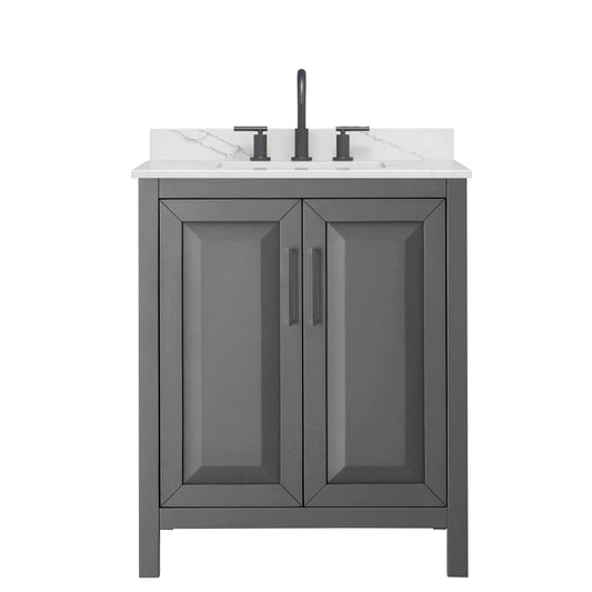Wyndham Collection Daria 30" Single Bathroom Vanity in Dark Gray, Giotto Quartz Countertop, Undermount Square Sink (3-Hole), Matte Black Trim