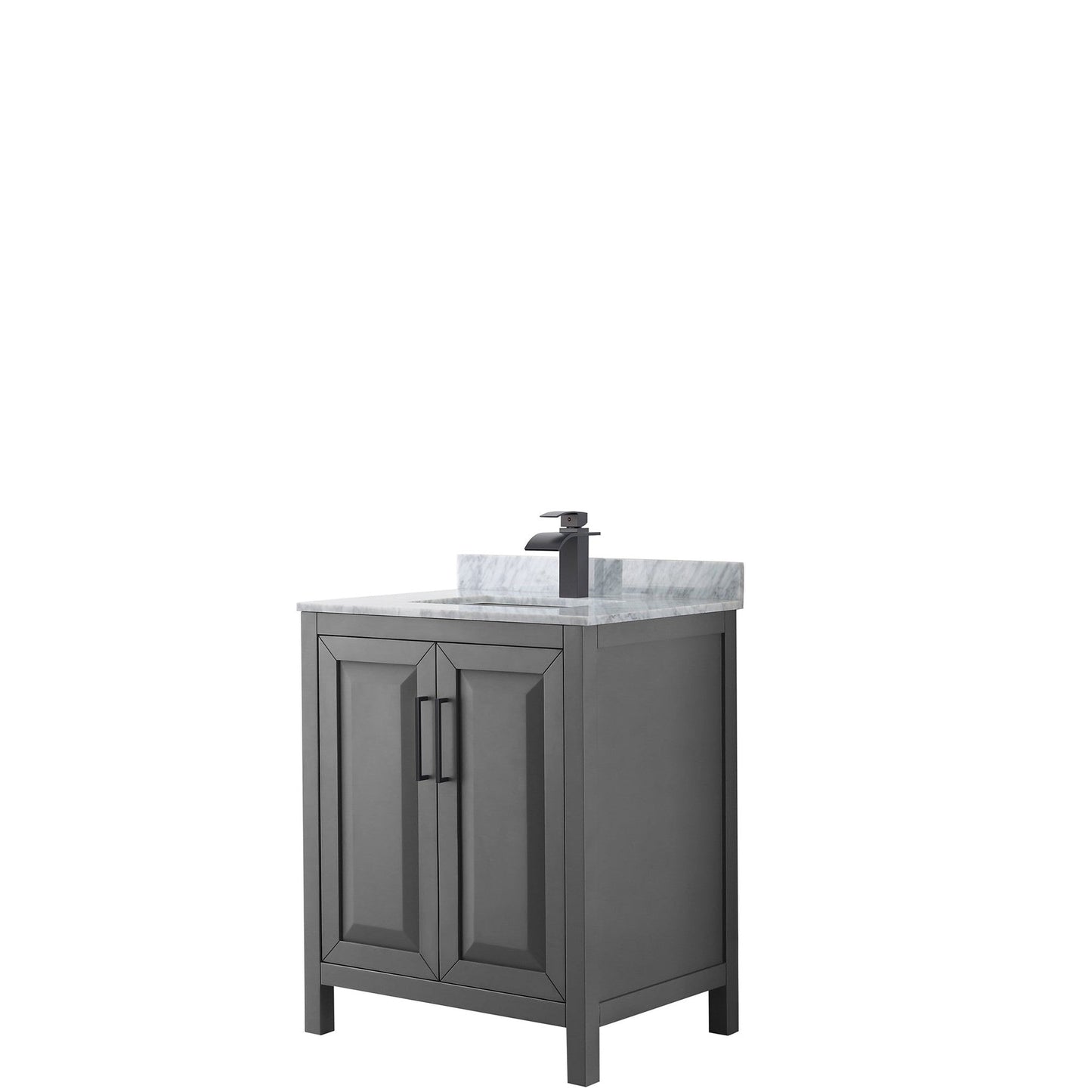 Wyndham Collection Daria 30" Single Bathroom Vanity in Dark Gray, White Carrara Marble Countertop, Undermount Square Sink, Matte Black Trim