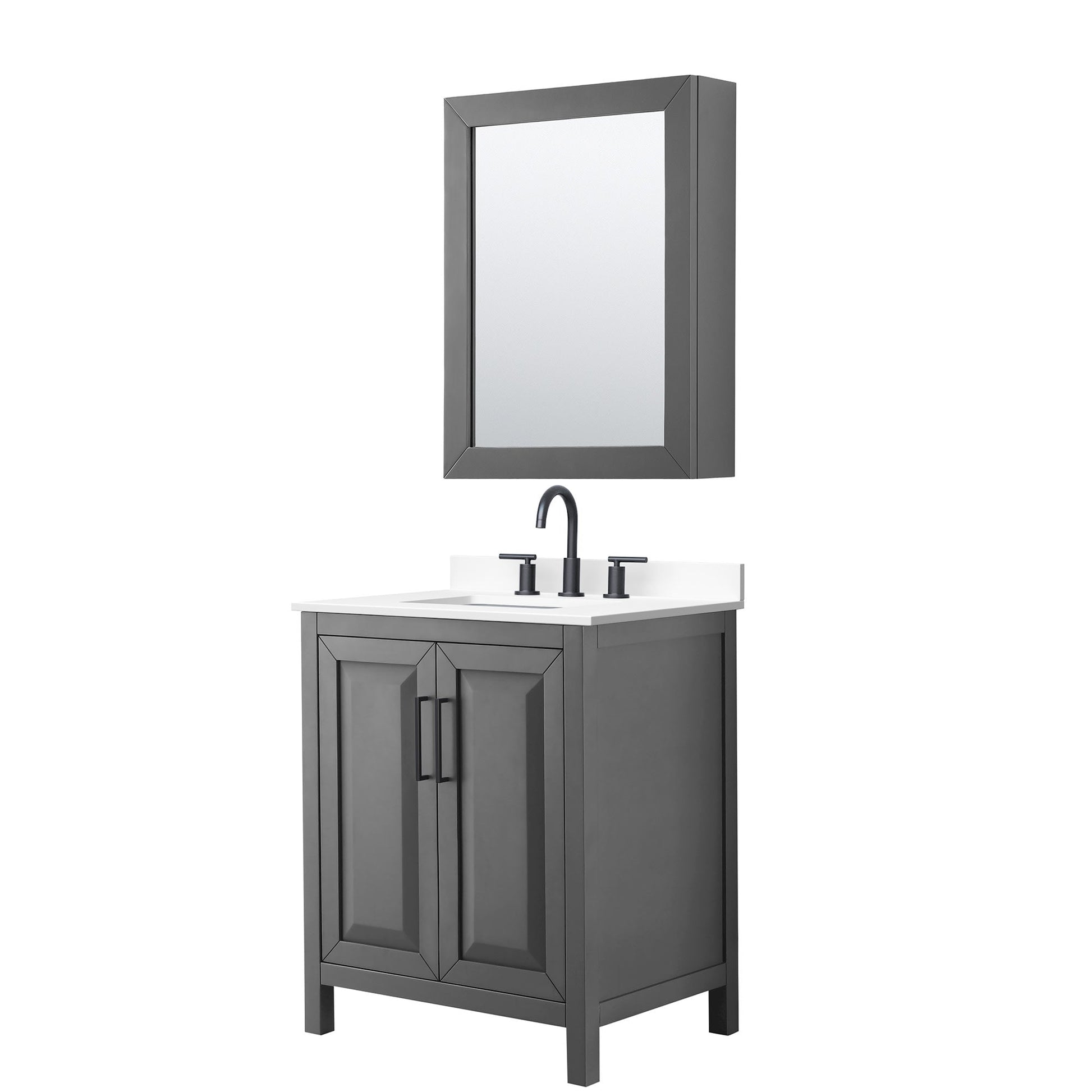 Wyndham Collection Daria 30" Single Bathroom Vanity in Dark Gray, White Cultured Marble Countertop, Undermount Square Sink (3-Hole), Matte Black Trim, Medicine Cabinet