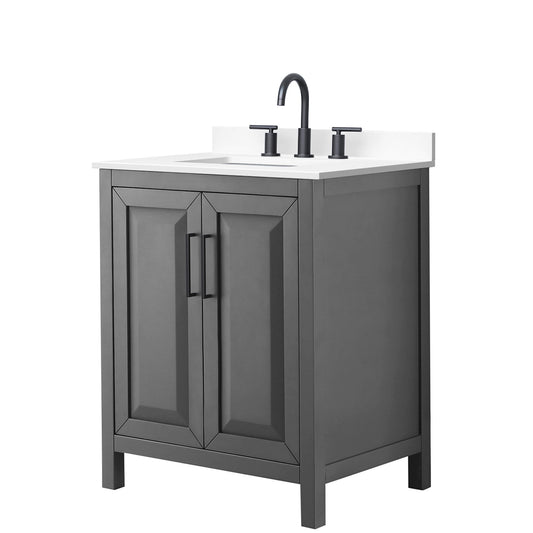 Wyndham Collection Daria 30" Single Bathroom Vanity in Dark Gray, White Cultured Marble Countertop, Undermount Square Sink (3-Hole), Matte Black Trim