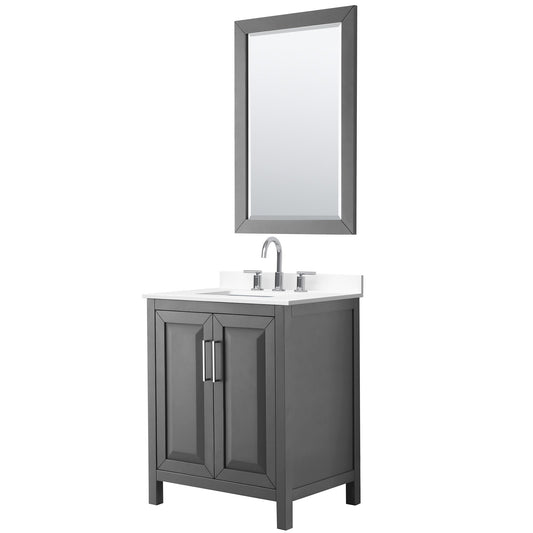 Wyndham Collection Daria 30" Single Bathroom Vanity in Dark Gray, White Cultured Marble Countertop, Undermount Square Sink (3-Hole), Polished Chrome Trim, 24" Mirror