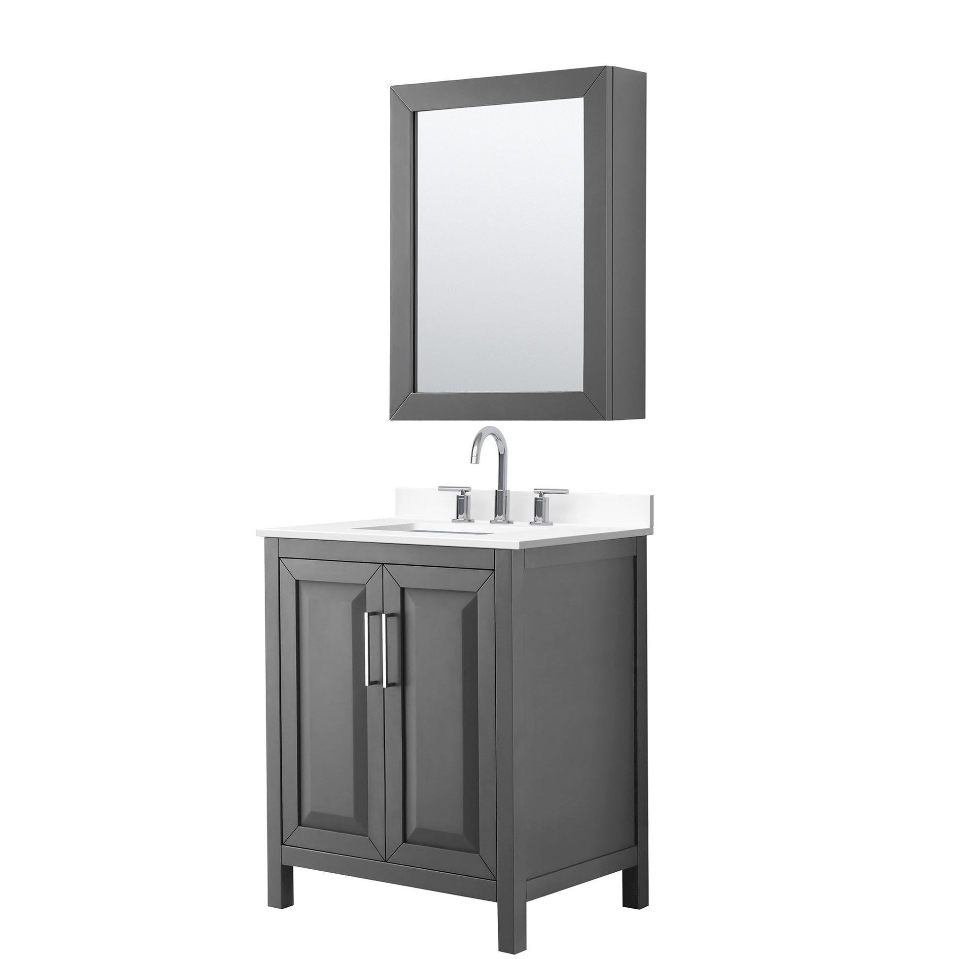 Wyndham Collection Daria 30" Single Bathroom Vanity in Dark Gray, White Cultured Marble Countertop, Undermount Square Sink (3-Hole), Polished Chrome Trim, Medicine Cabinet