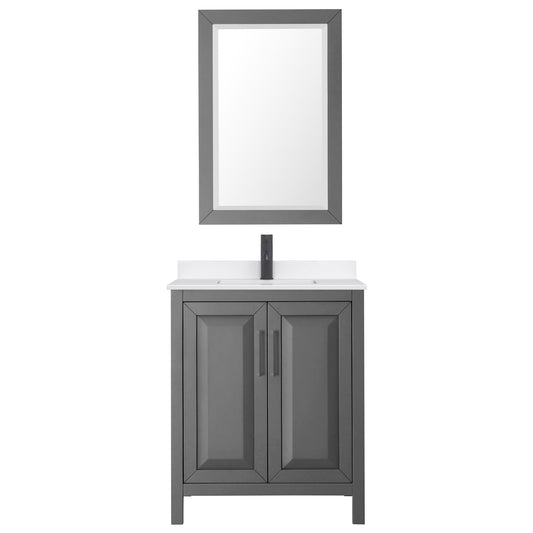 Wyndham Collection Daria 30" Single Bathroom Vanity in Dark Gray, White Quartz Countertop, Undermount Square Sink (1-Hole), Matte Black Trim, 24" Mirror