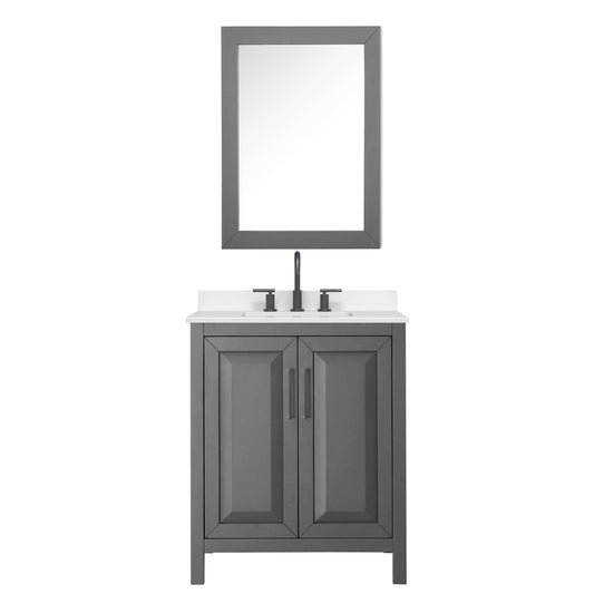 Wyndham Collection Daria 30" Single Bathroom Vanity in Dark Gray, White Quartz Countertop, Undermount Square Sink (3-Hole), Matte Black Trim, Medicine Cabinet