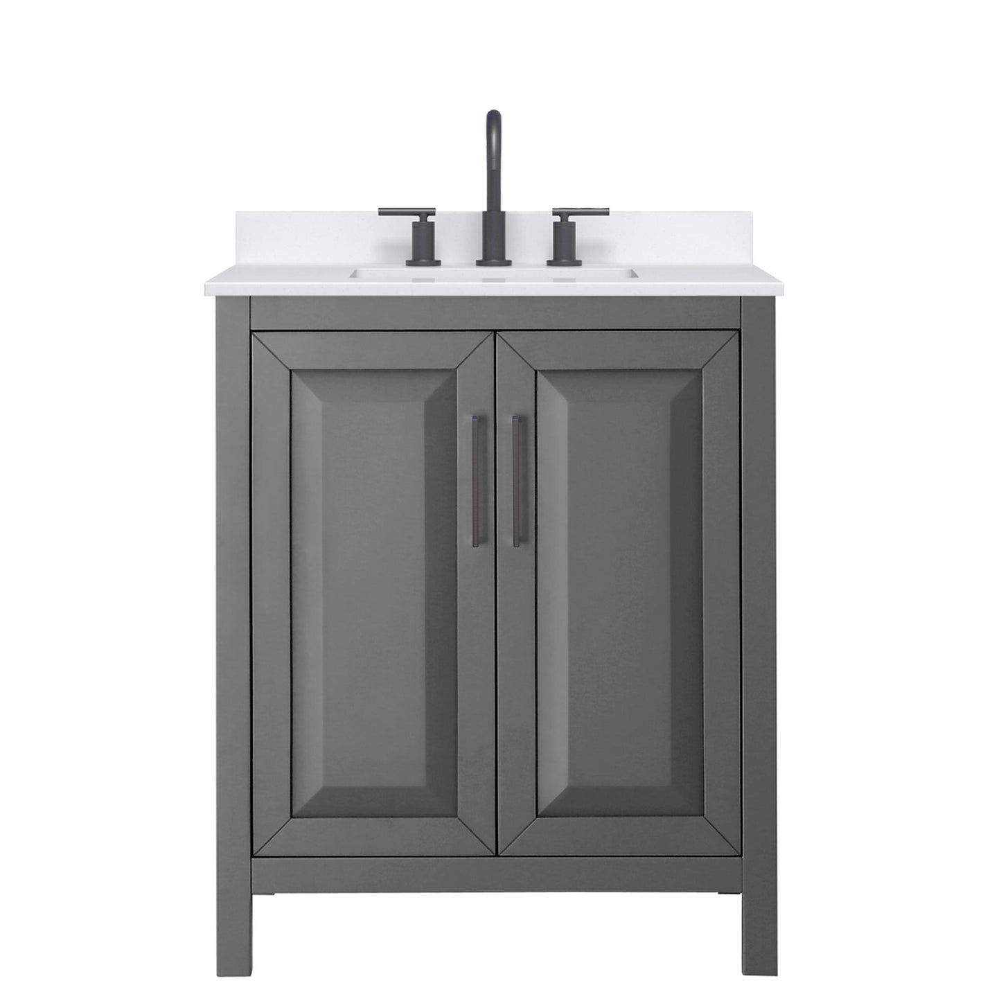Wyndham Collection Daria 30" Single Bathroom Vanity in Dark Gray, White Quartz Countertop, Undermount Square Sink (3-Hole), Matte Black Trim