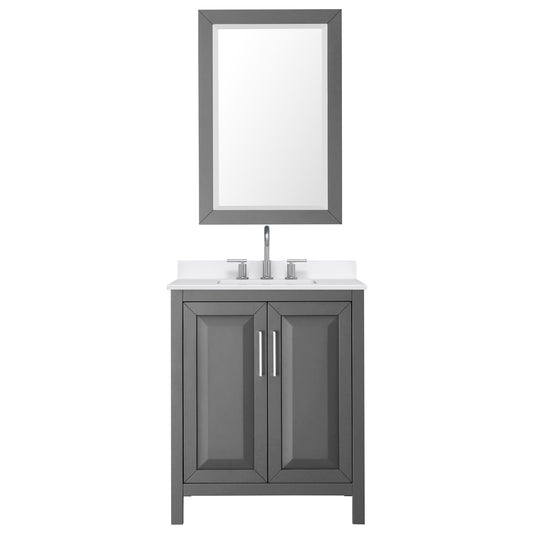 Wyndham Collection Daria 30" Single Bathroom Vanity in Dark Gray, White Quartz Countertop, Undermount Square Sink (3-Hole), Polished Chrome Trim, 24" Mirror
