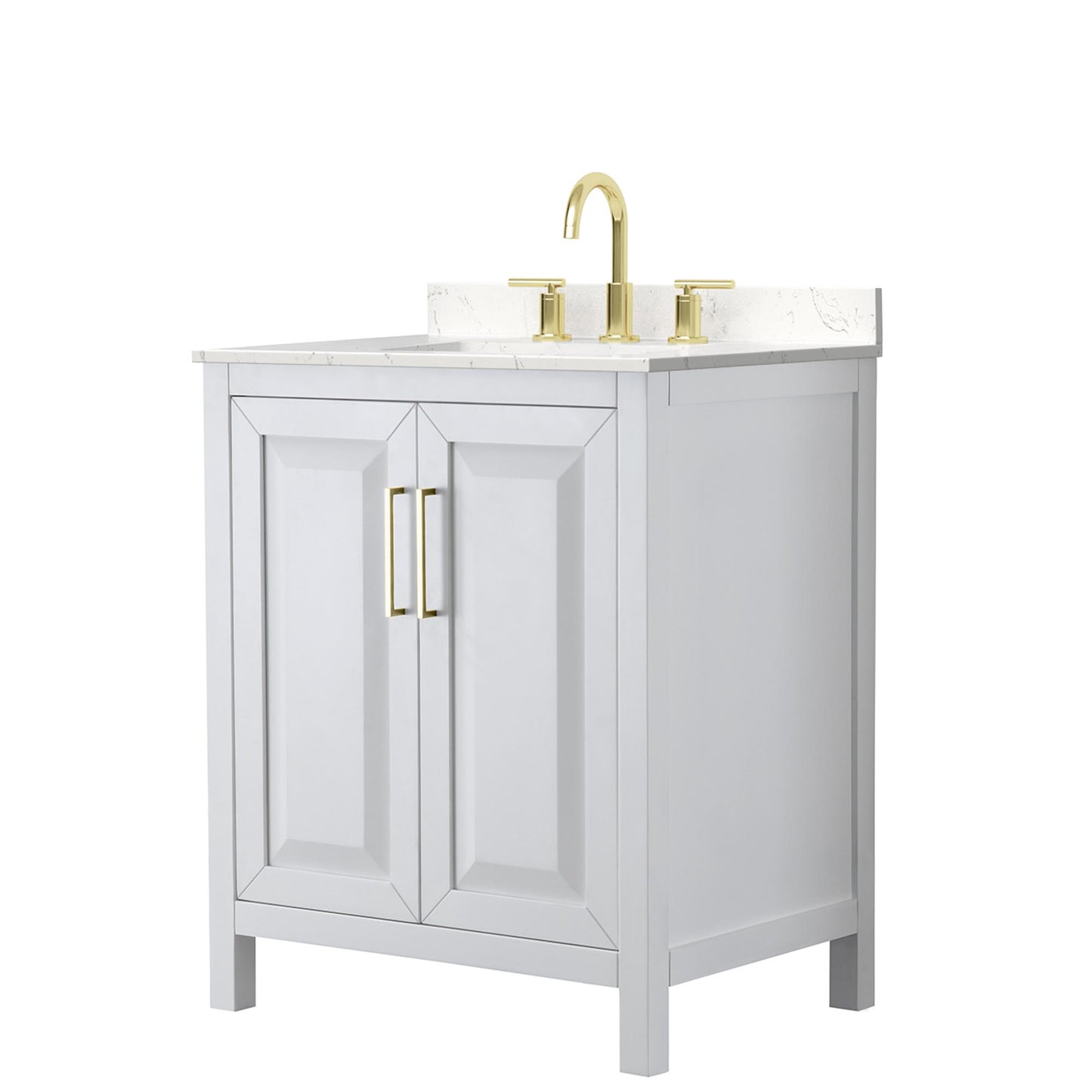 Wyndham Collection Daria 30" Single Bathroom Vanity in White, Carrara Cultured Marble Countertop, Undermount Square Sink (3-Hole), Brushed Gold Trim