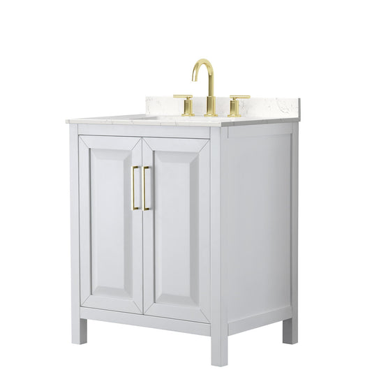 Wyndham Collection Daria 30" Single Bathroom Vanity in White, Carrara Cultured Marble Countertop, Undermount Square Sink (3-Hole), Brushed Gold Trim