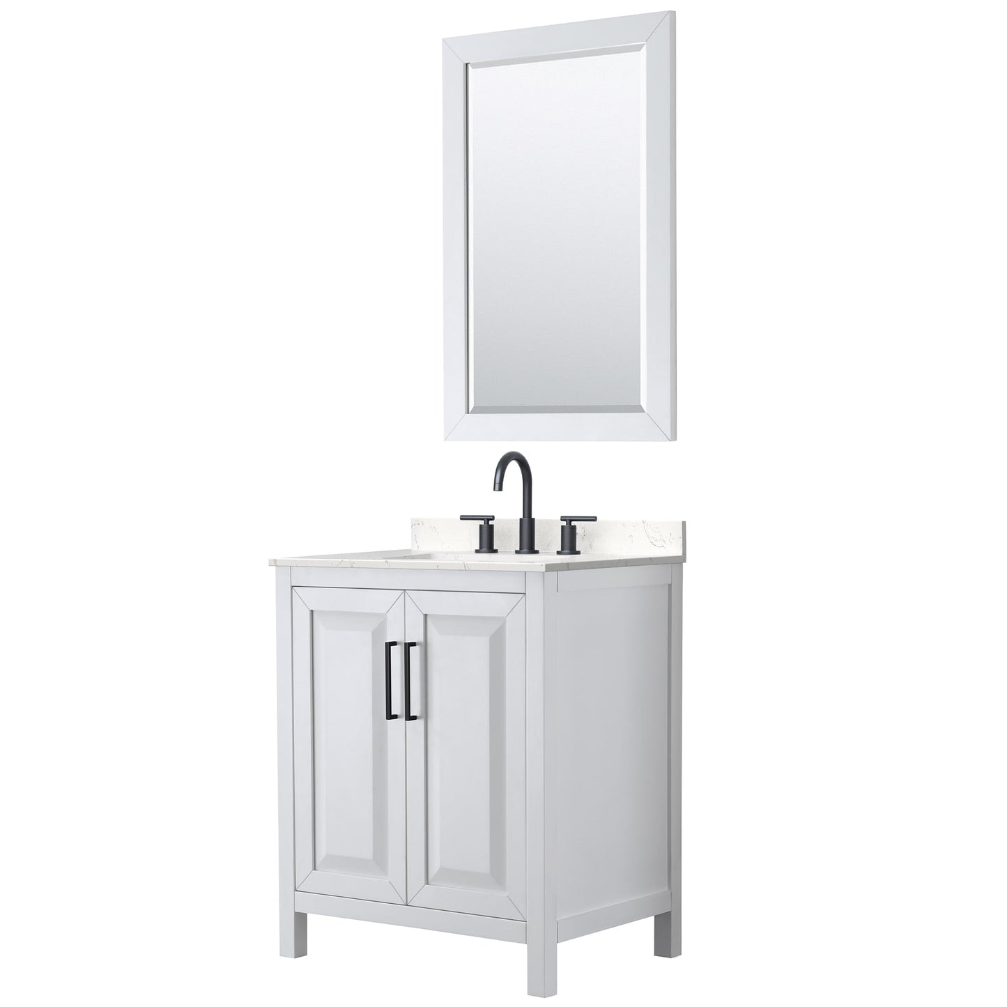 Wyndham Collection Daria 30" Single Bathroom Vanity in White, Carrara Cultured Marble Countertop, Undermount Square Sink (3-Hole), Matte Black Trim, 24" Mirror