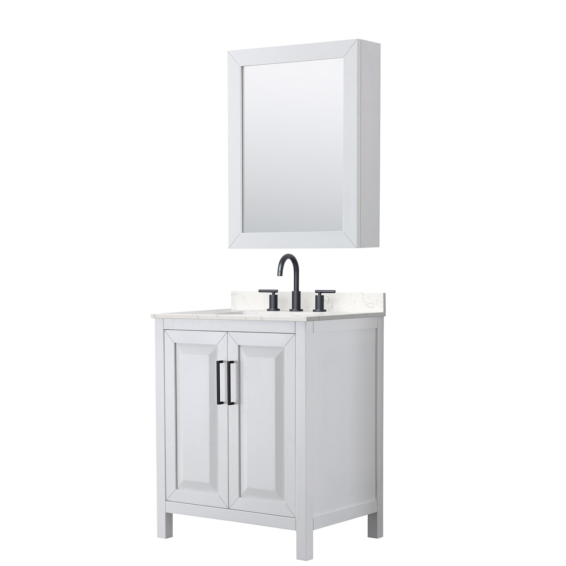 Wyndham Collection Daria 30" Single Bathroom Vanity in White, Carrara Cultured Marble Countertop, Undermount Square Sink (3-Hole), Matte Black Trim, Medicine Cabinet