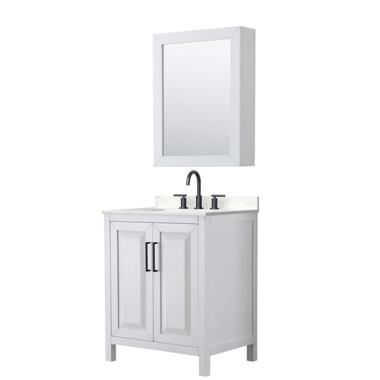 Wyndham Collection Daria 30" Single Bathroom Vanity in White, Carrara Cultured Marble Countertop, Undermount Square Sink (3-Hole), Matte Black Trim, Medicine Cabinet