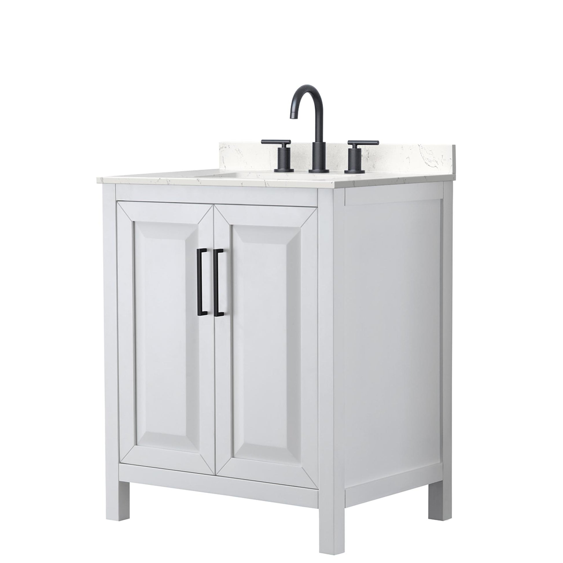 Wyndham Collection Daria 30" Single Bathroom Vanity in White, Carrara Cultured Marble Countertop, Undermount Square Sink (3-Hole), Matte Black Trim