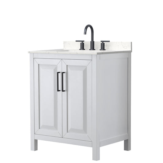 Wyndham Collection Daria 30" Single Bathroom Vanity in White, Carrara Cultured Marble Countertop, Undermount Square Sink (3-Hole), Matte Black Trim