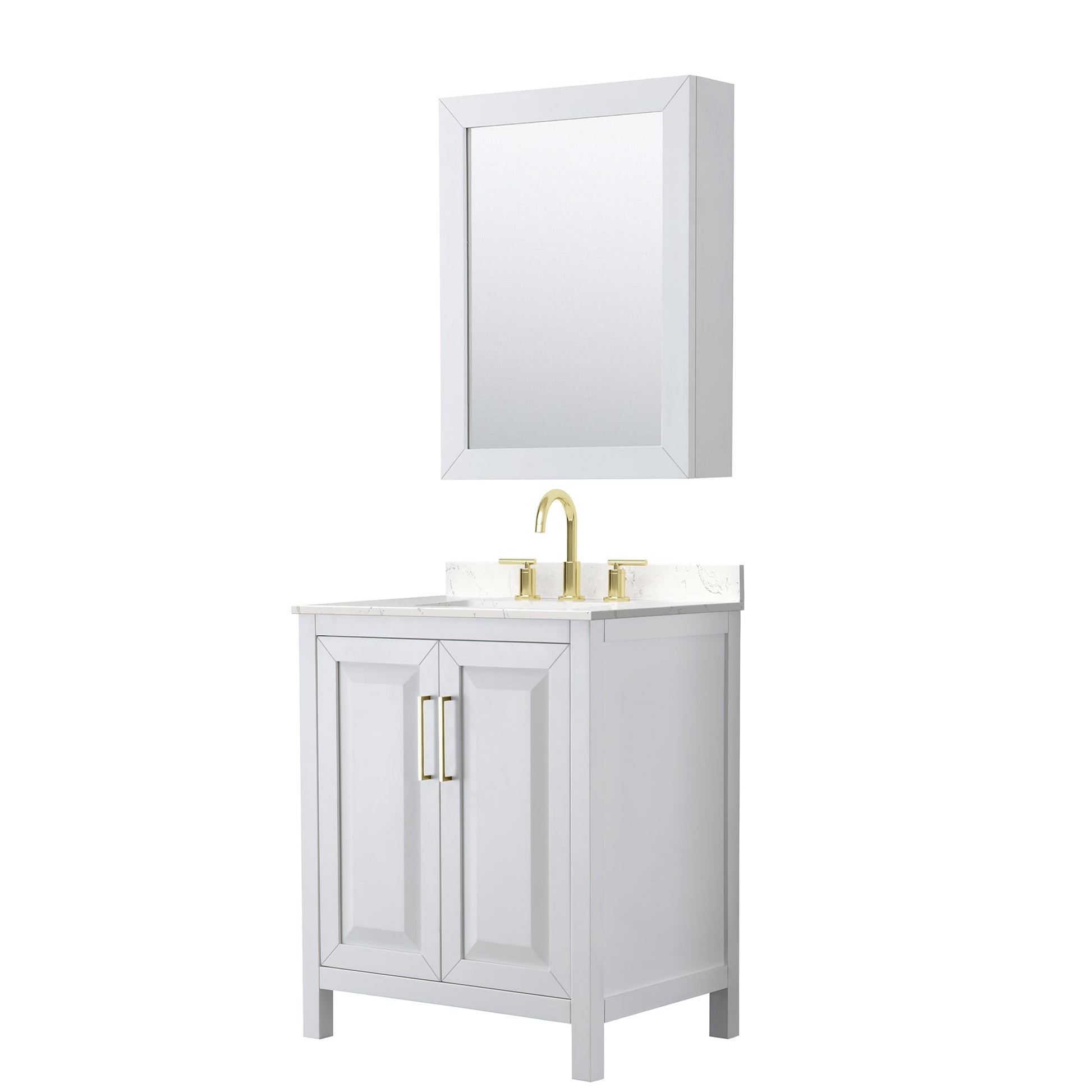 Wyndham Collection Daria 30" Single Bathroom Vanity in White, Carrara Cultured Marble Countertop, Undermount Square Sink (3-Hole), Medicine Cabinet, Brushed Gold Trim