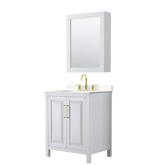 Wyndham Collection Daria 30" Single Bathroom Vanity in White, Carrara Cultured Marble Countertop, Undermount Square Sink (3-Hole), Medicine Cabinet, Brushed Gold Trim