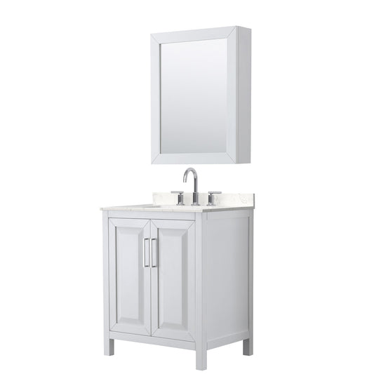 Wyndham Collection Daria 30" Single Bathroom Vanity in White, Carrara Cultured Marble Countertop, Undermount Square Sink (3-Hole), Polished Chrome Trim, Medicine Cabinet
