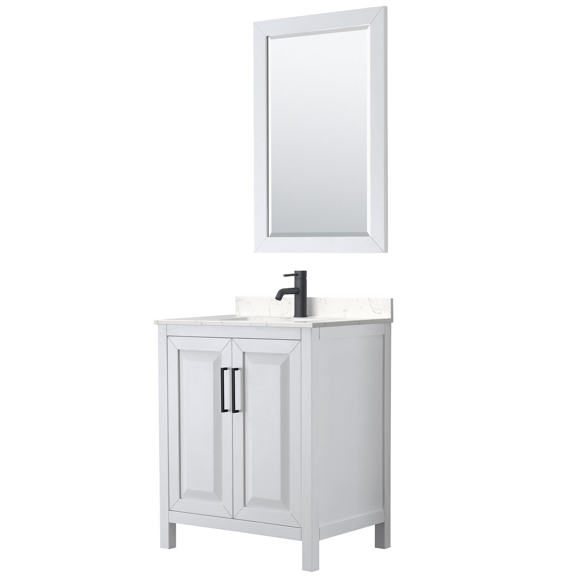 Wyndham Collection Daria 30" Single Bathroom Vanity in White, Carrara Cultured Marble Countertop, Undermount Square Sink, Matte Black Trim, 24" Mirror